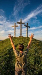 cross, religion, christianity, faith, spirituality, hope, peaceful, tranquil, sky, meadow, blue sky, man, prayer, nature, sunrise, wooden, three, symbolism, worship, view